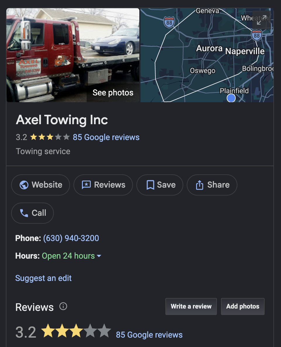 Google local 3-pack for emergency tow aurora il showing Axel Towing ranked
