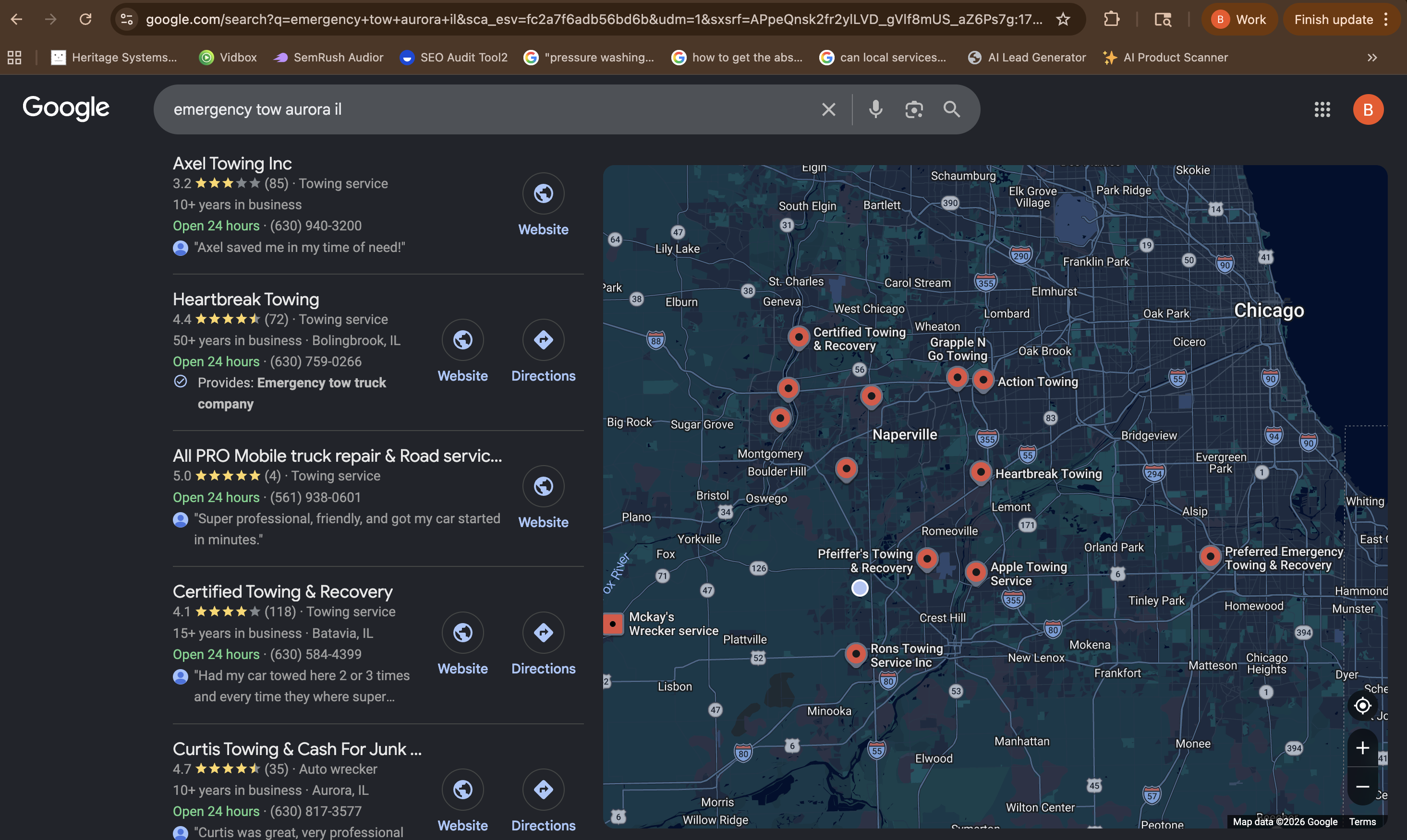 Google local 3-pack for emergency tow aurora il showing Curtis Towing ranked