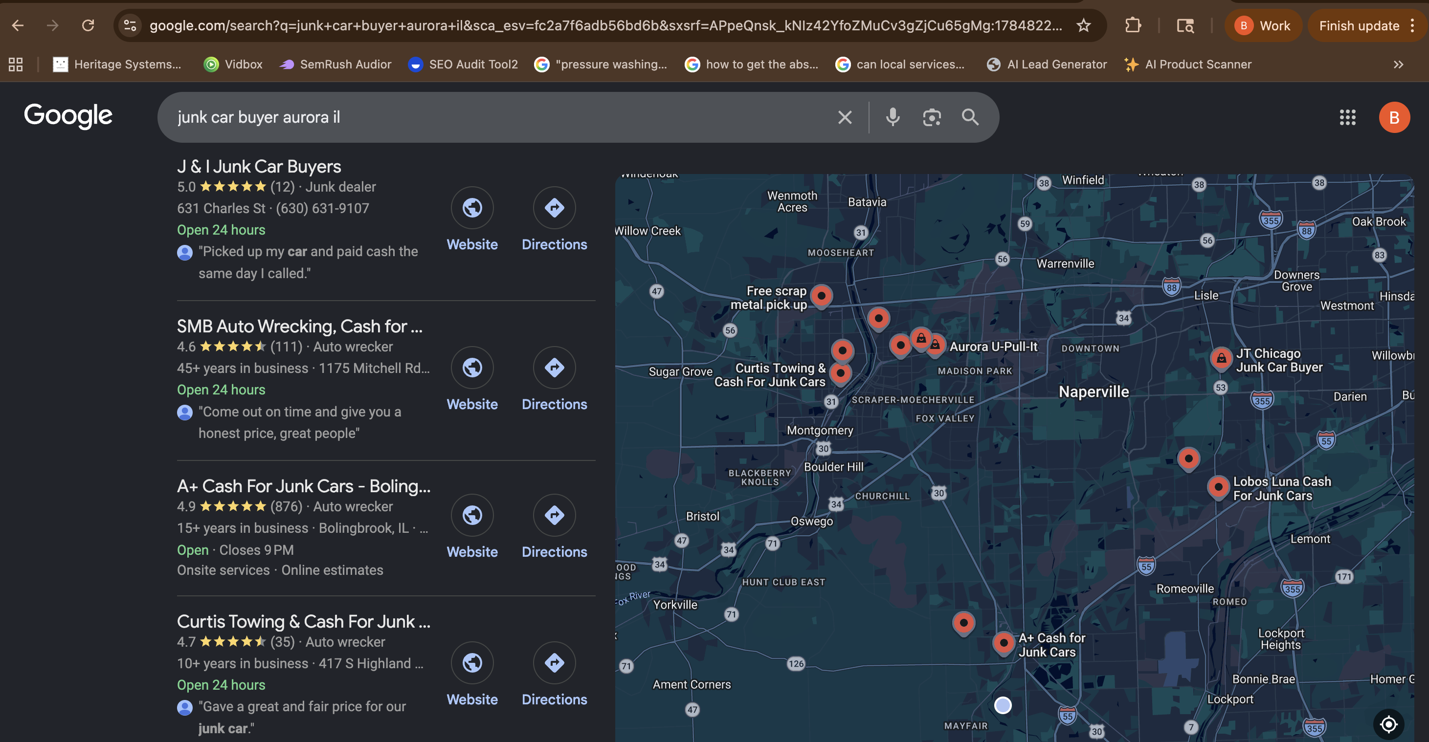 Google local 3-pack for junk car buyer aurora il showing Curtis Towing ranked